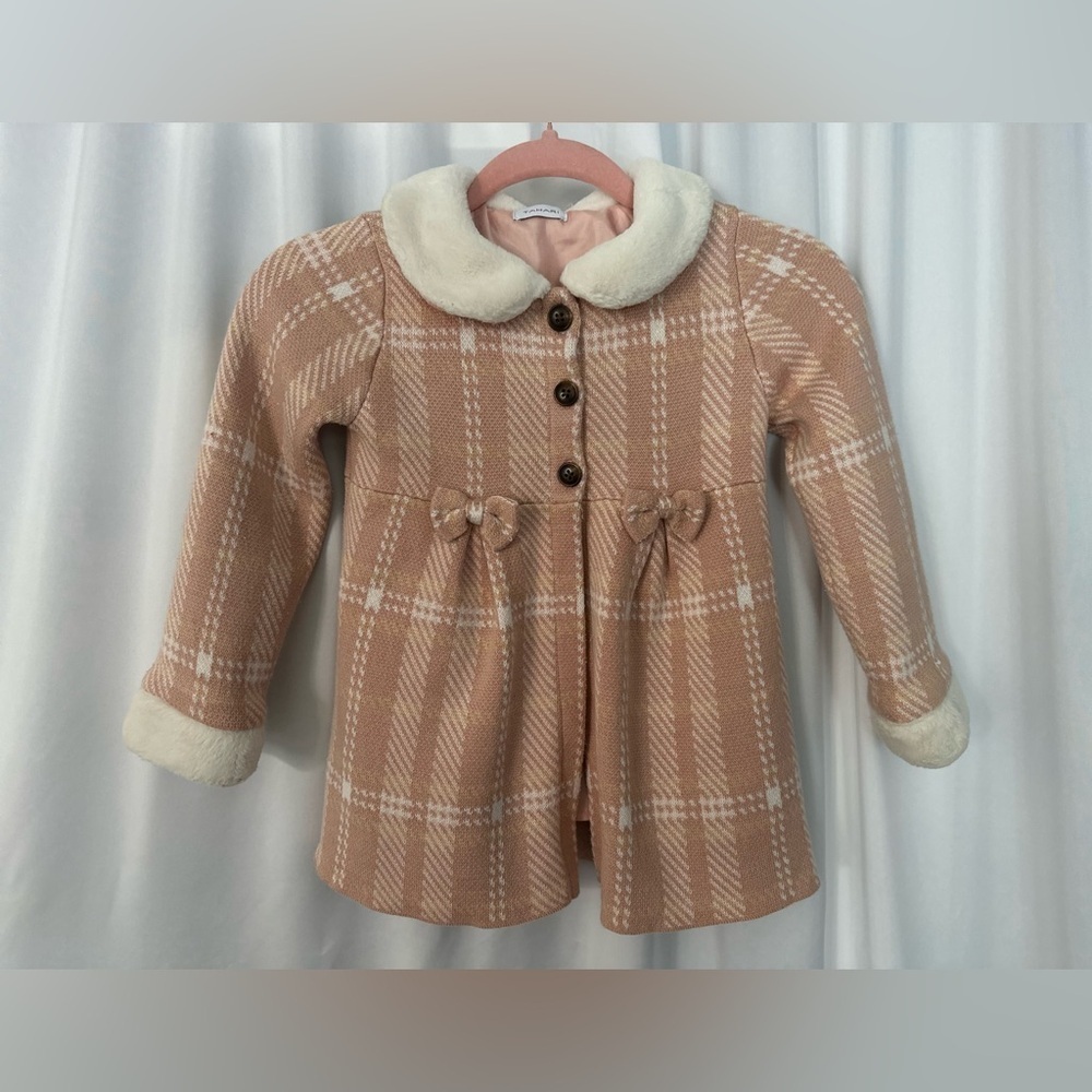 Tahari Girls' Pink Plaid Faux Fur Collar Dress Coat (1096) - Picture 3 of 13